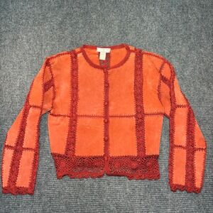 S.M.H. Boutique Vintage Burnt Orange Suede Crochet Patchwork Cardigan Jacket M
